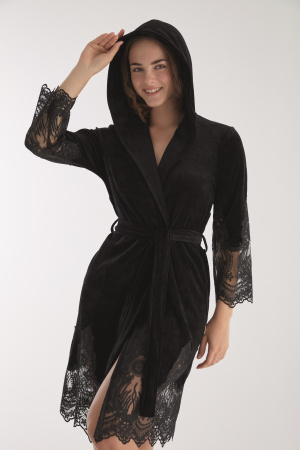 Велюровый халат с кружевом, чёрный-4